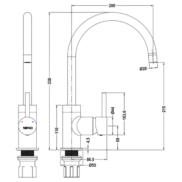 The 1810 Company Courbe Curved Spout Kitchen Sink Mixer Tap Cristalite Asphalt (Dark Grey)