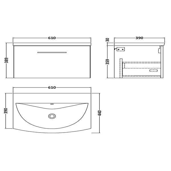 Nuie Wall Hung 1 Drawer Vanity and Basin 4 600Mm x 600Mm - Gloss White Contemporary